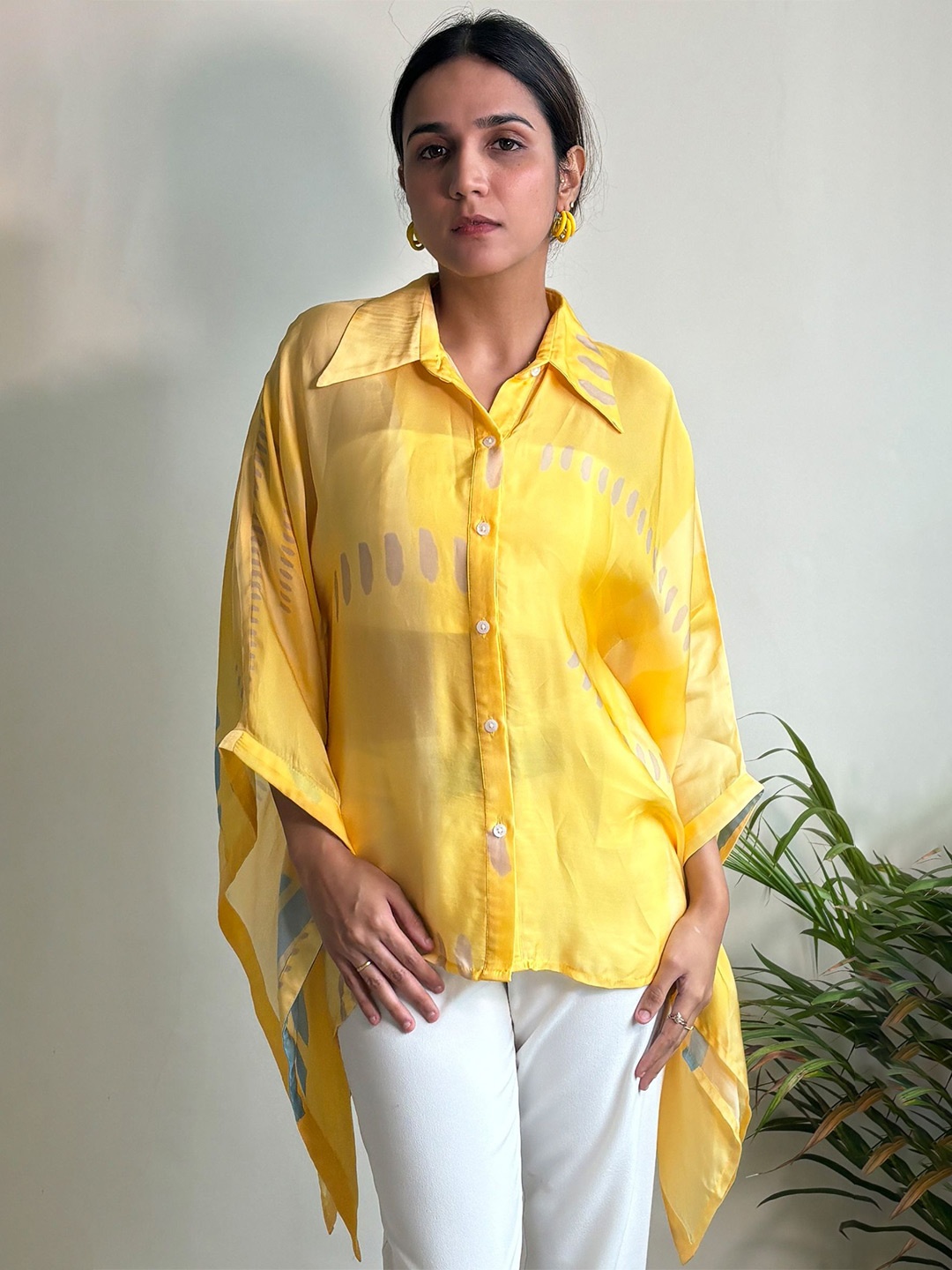 

Vedika M Women Abstract Printed Kimono Sleeves Shirt Style Top, Yellow