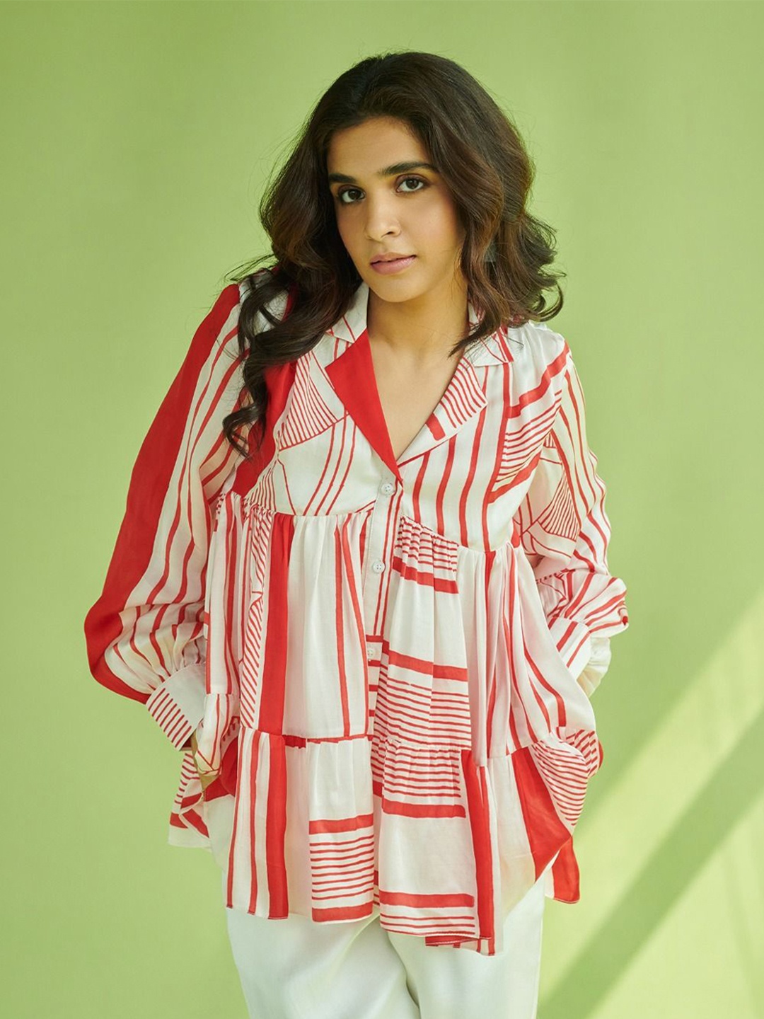 

Vedika M Women Cotton Striped Cuffed Sleeves Top, Red
