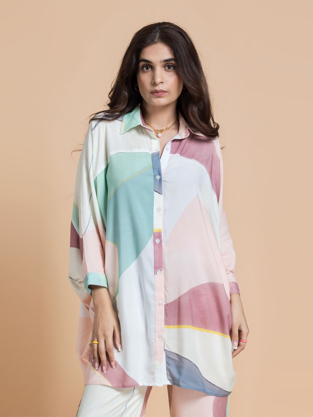 

Vedika M Women Cotton Abstract Printed Shirt Collar Top, Pink