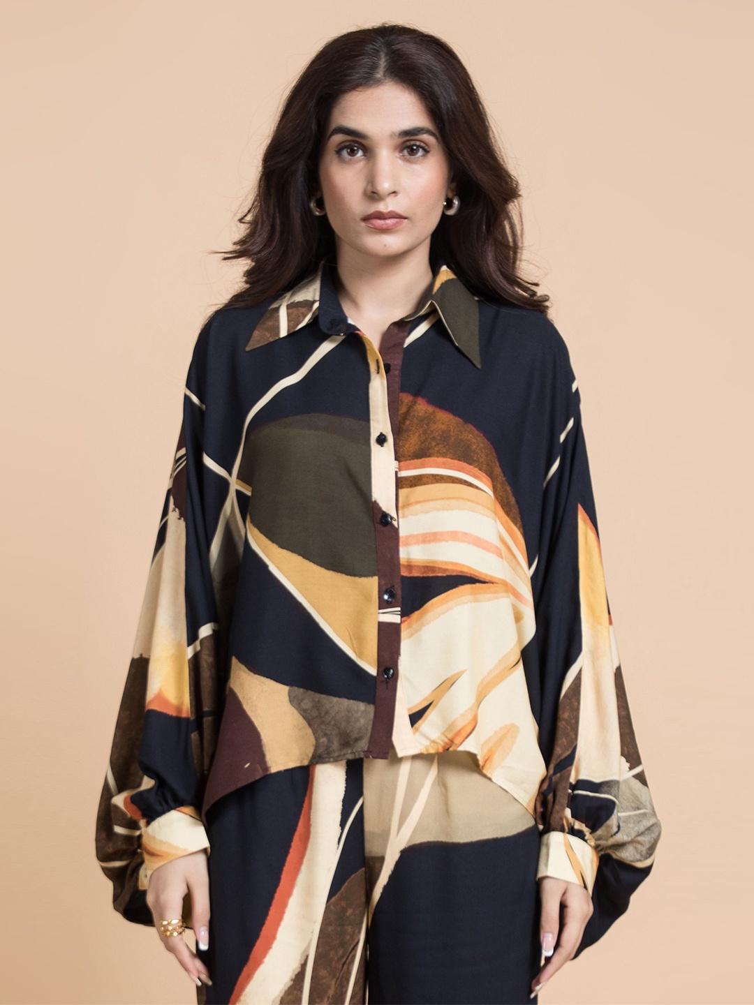 

Vedika M Women Cotton Abstract Printed Puff Sleeves Shirt Style Top, Black
