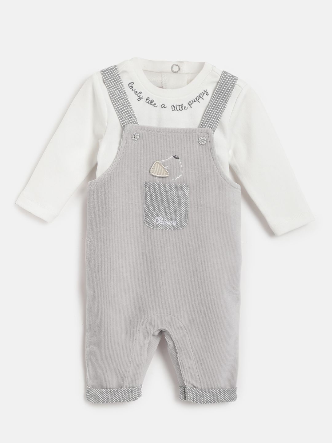 

Chicco Infants Boys Straight Leg Embroidered Cotton Dungaree With Bodysuit, Grey