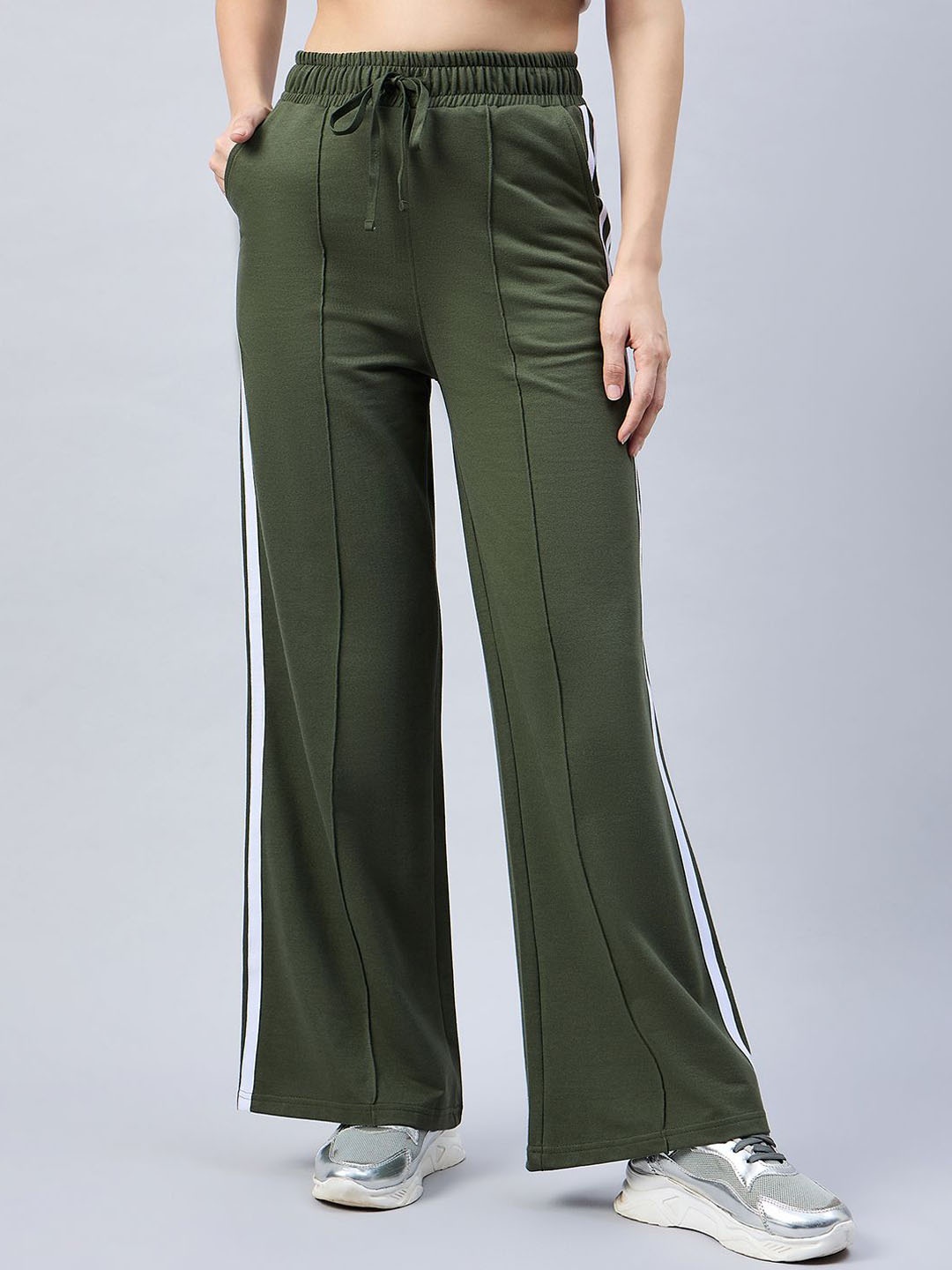 

FEMEA Ankle-Length Side Stripe Wide Leg Track Pants, Olive
