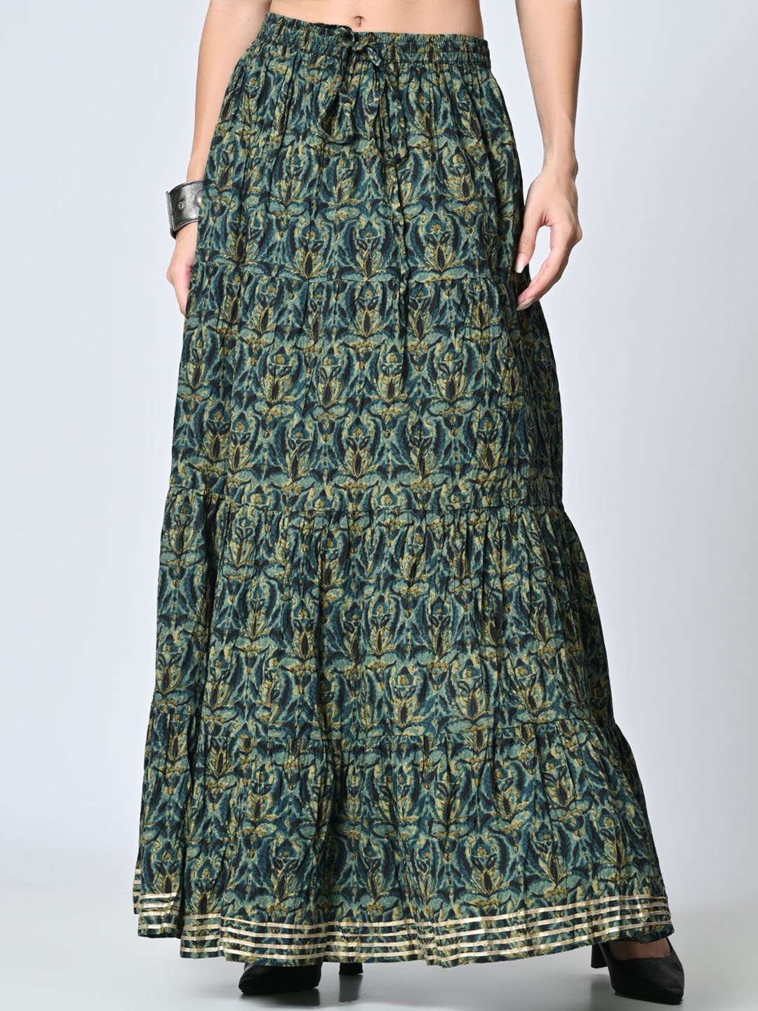 

Rue Collection Printed Cotton Tiered Maxi Skirt, Green