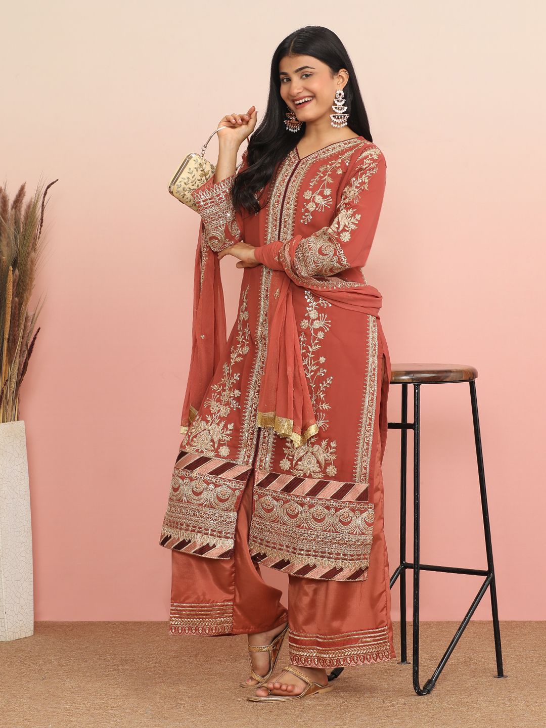 

MAHALASA Embroidered Unstitched Dress Material, Brown
