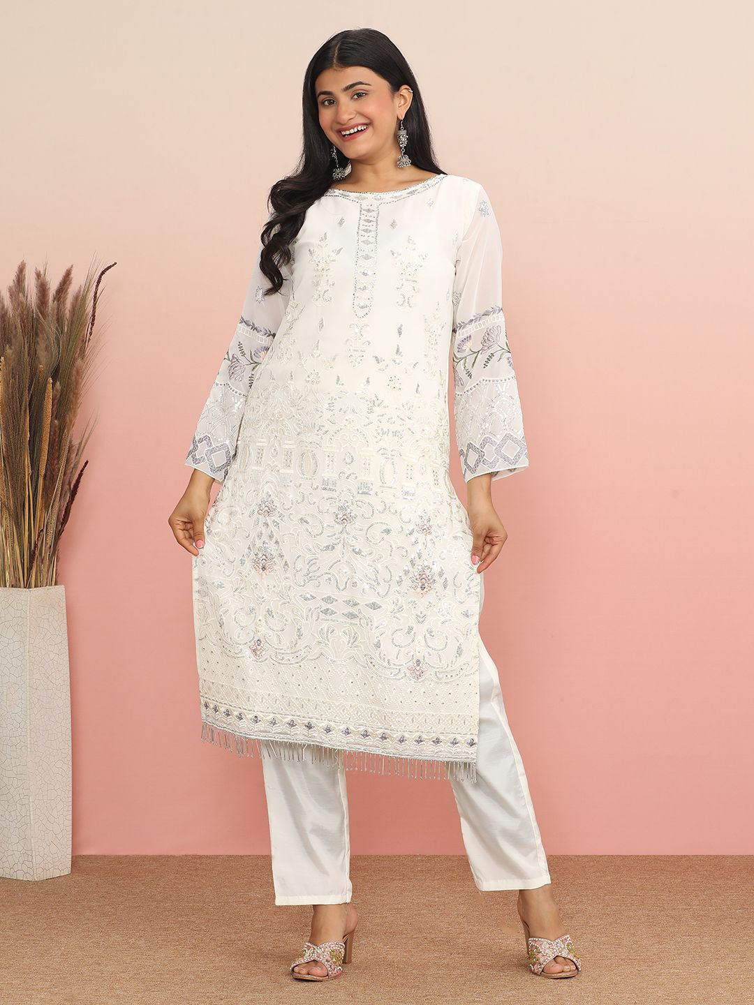 

MAHALASA Embroidered Unstitched Dress Material, Off white