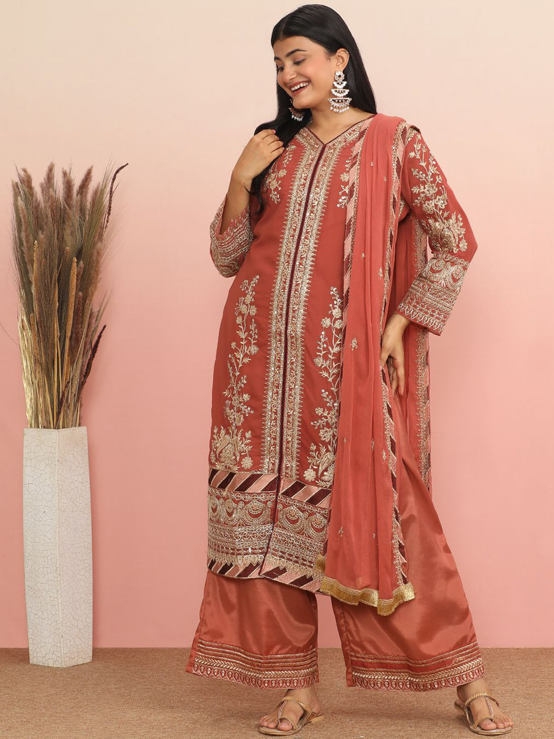 

MAHALASA Floral Embroidered V-Neck Gotta Patti Net Straight Kurta With Palazzos & Dupatta, Brown