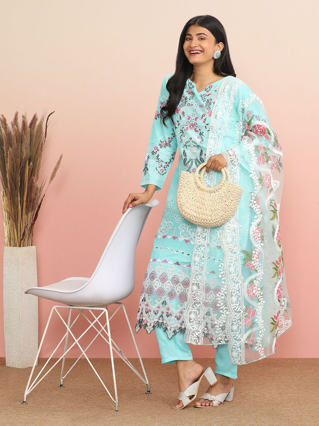 

MAHALASA Embroidered Unstitched Dress Material, Turquoise blue