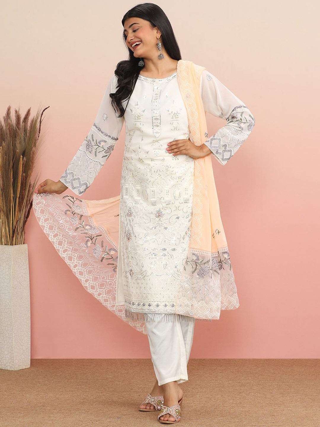 

MAHALASA Floral Embroidered Gotta Patti Net Straight Kurta With Trousers & Dupatta, White