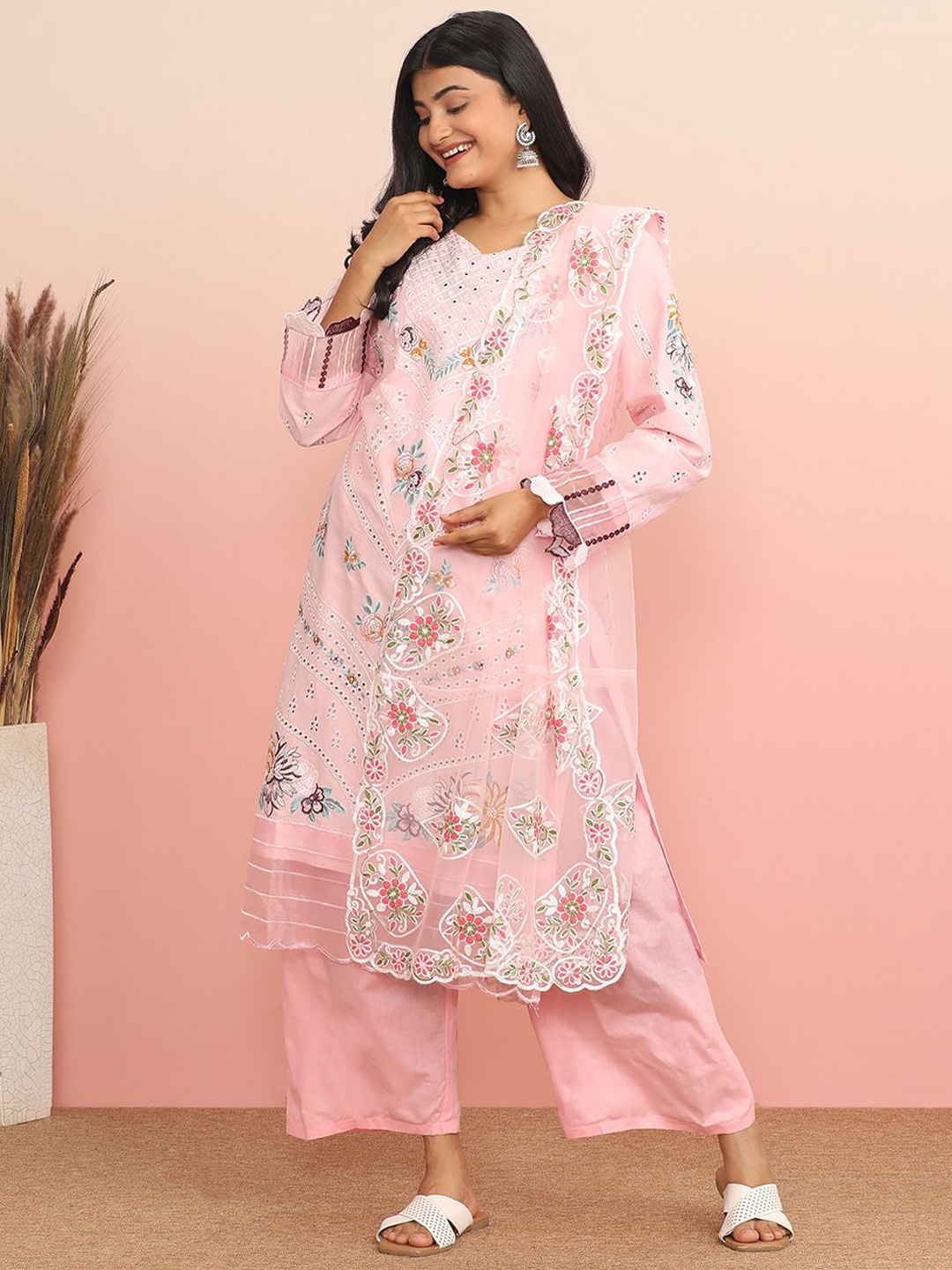 

MAHALASA Floral Embroidered V-Neck Schifflie Net Straight Kurta With Palazzos & Dupatta, Peach