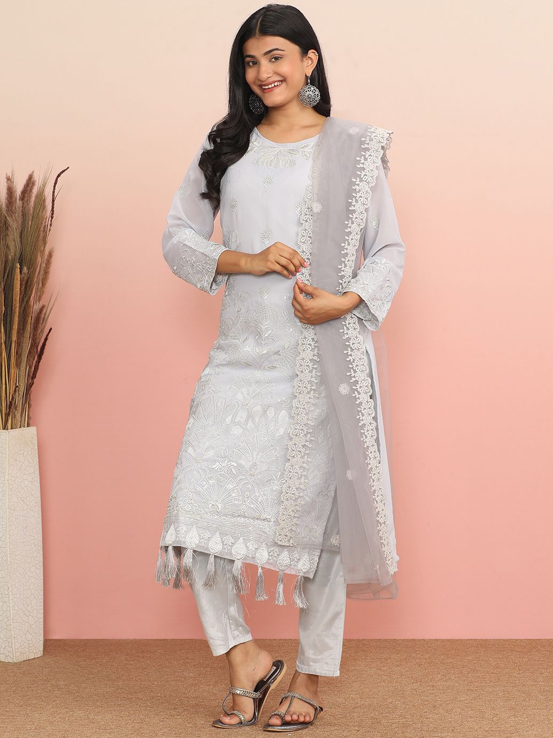 

MAHALASA Floral Embroidered Net Straight Kurta With Trousers & Dupatta, Grey
