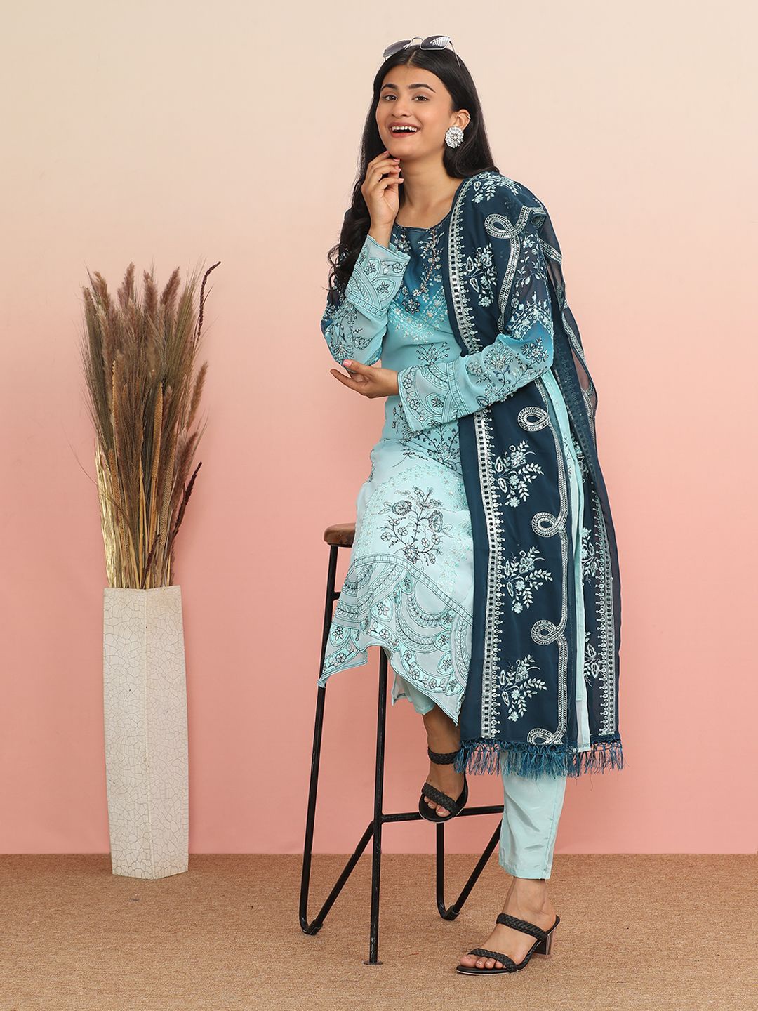 

MAHALASA Embroidered Unstitched Dress Material, Blue