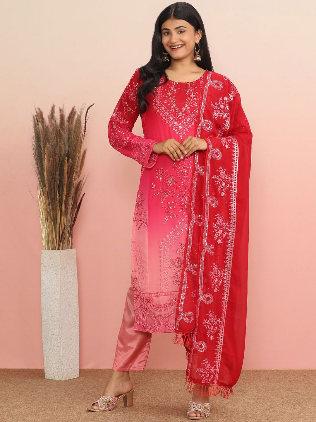 

MAHALASA Floral Embroidered Sequinned Net Straight Kurta With Trousers & Dupatta, Red