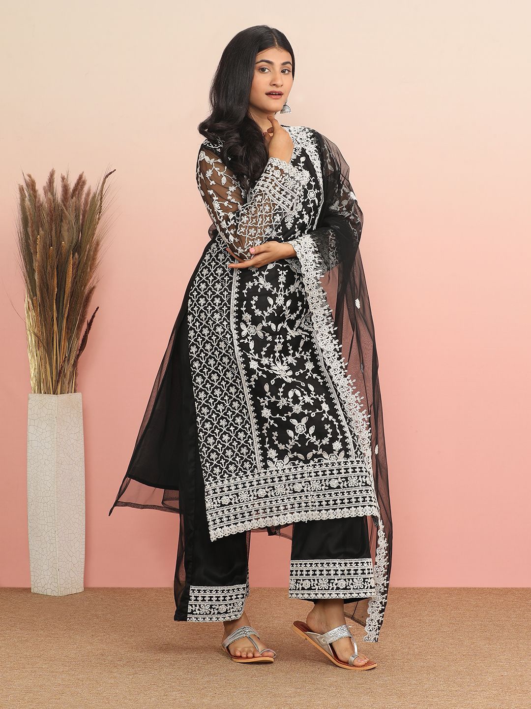 

MAHALASA Embroidered Unstitched Dress Material, Black