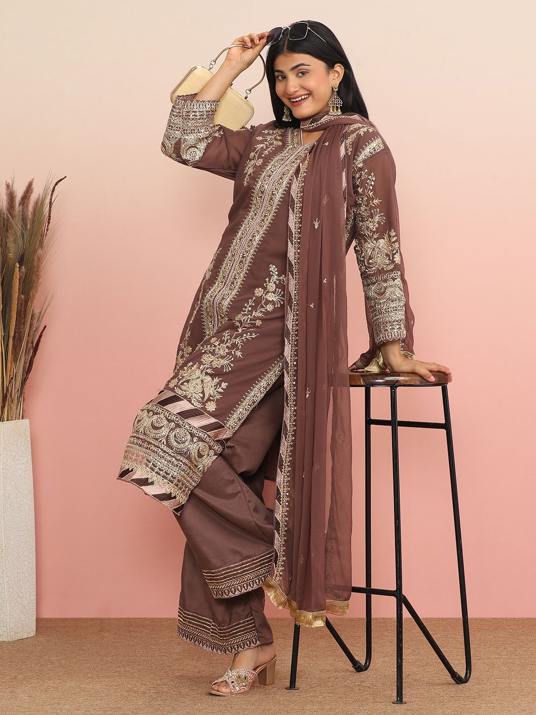 

MAHALASA Embroidered Unstitched Dress Material, Brown