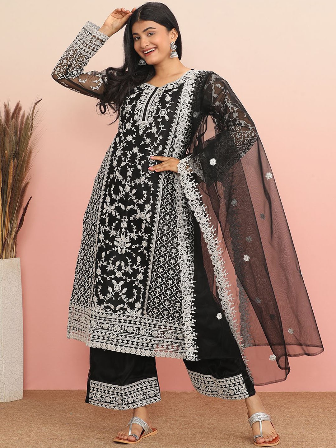 

MAHALASA Floral Embroidered Net Straight Kurta With Palazzos & Dupatta, Black
