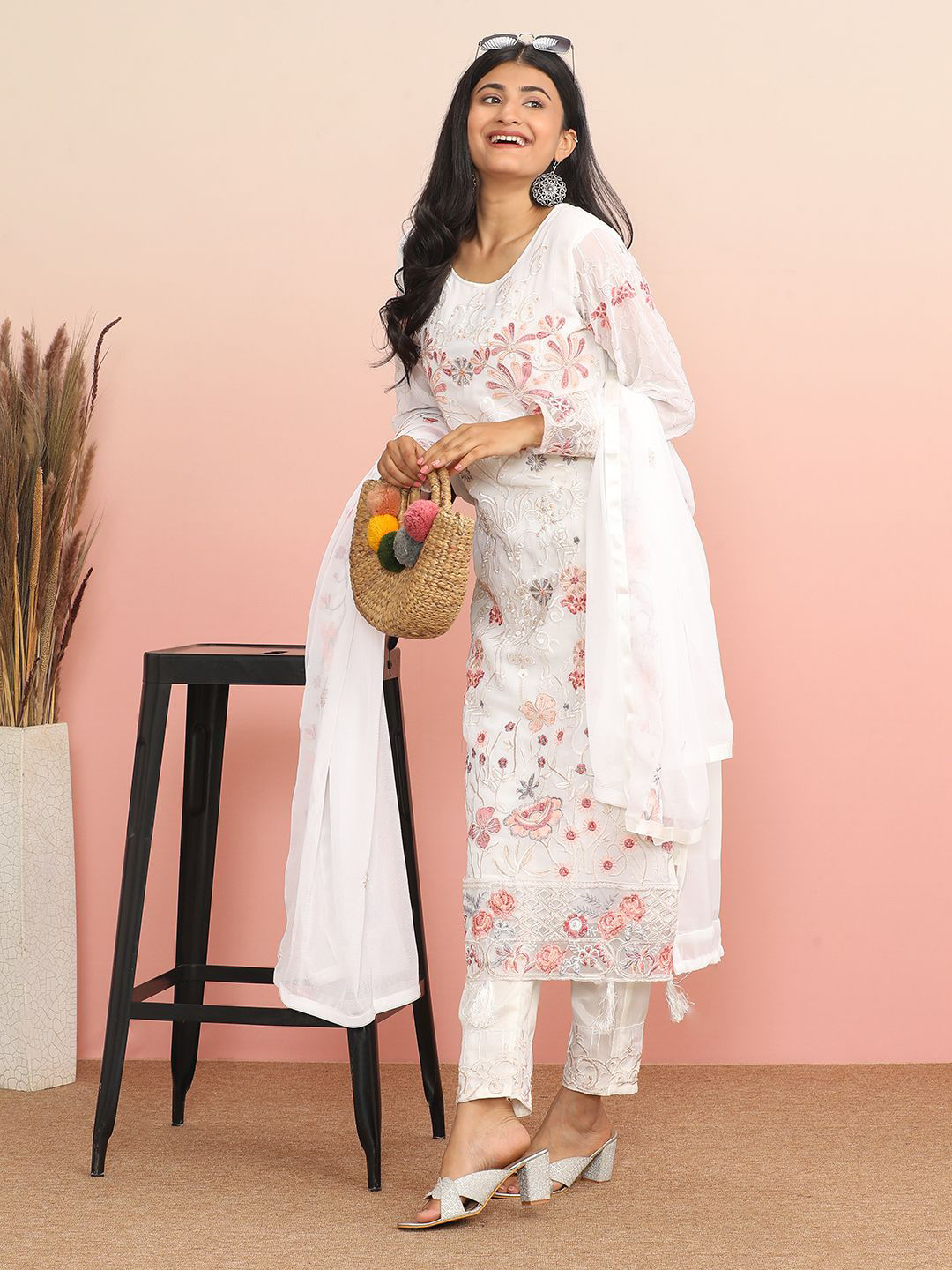 

MAHALASA Embroidered Unstitched Dress Material, Off white