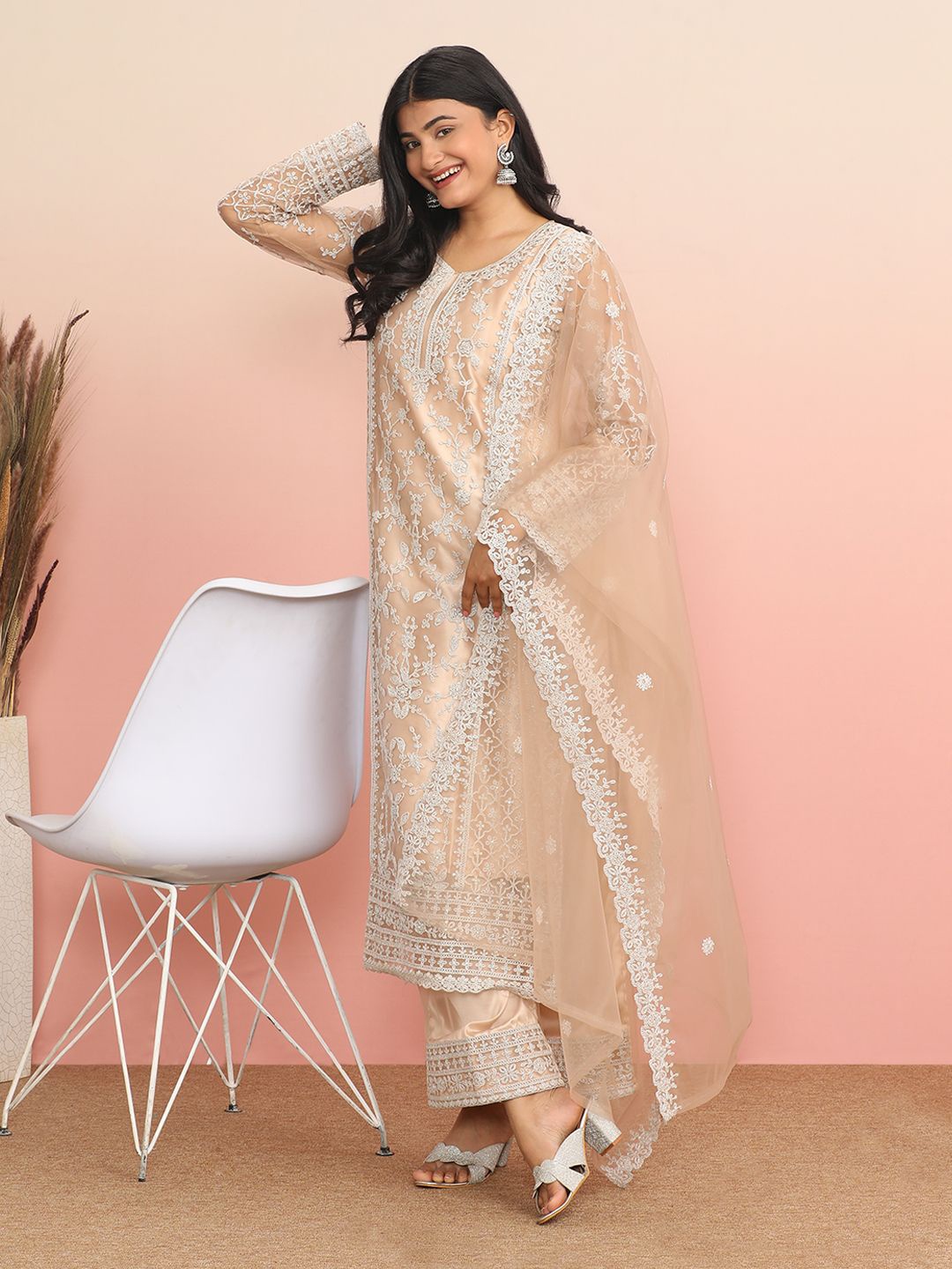 

MAHALASA Embroidered Unstitched Dress Material, Cream