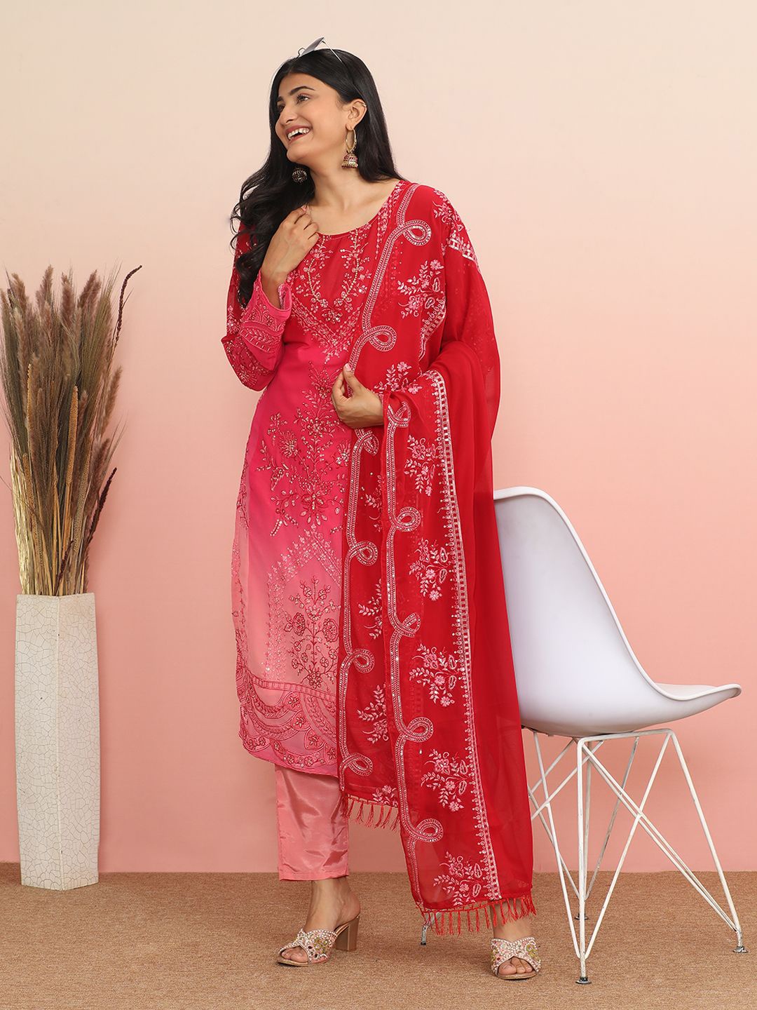 

MAHALASA Embroidered Unstitched Dress Material, Red