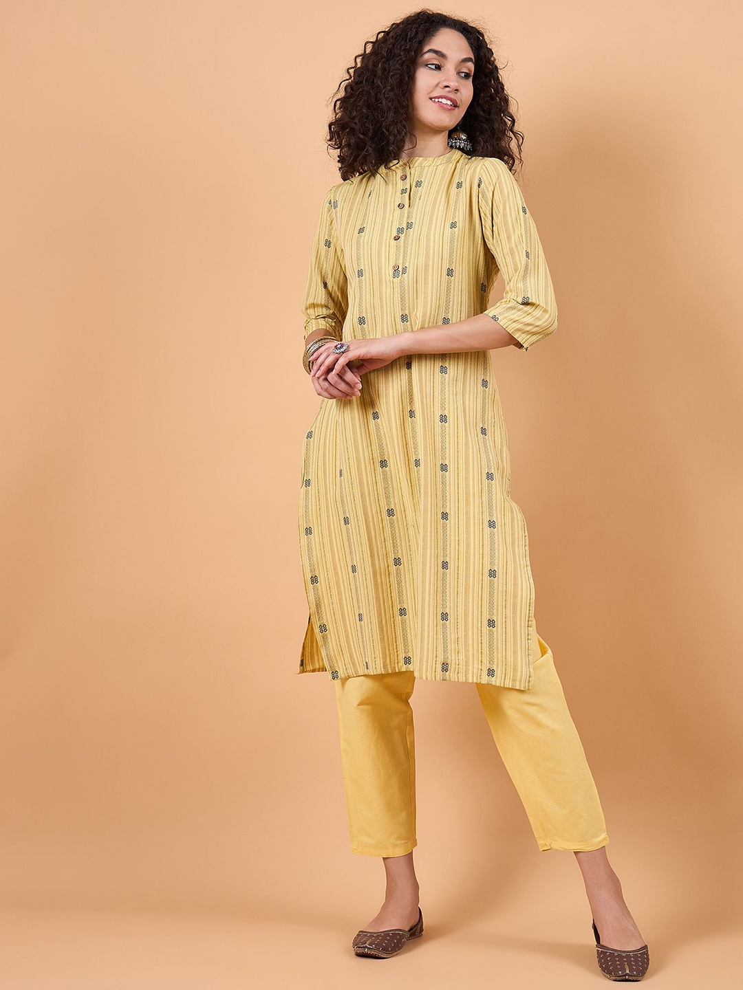 

swatika Mandarin Collar Regular Straight Pure Cotton Kurta with Trousers, Yellow