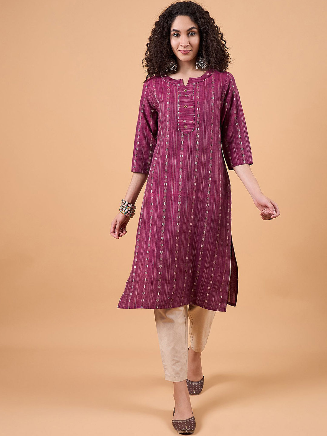 

swatika Woven Design Round Neck Regular Pure Cotton Straight Kurta With Trousers, Magenta