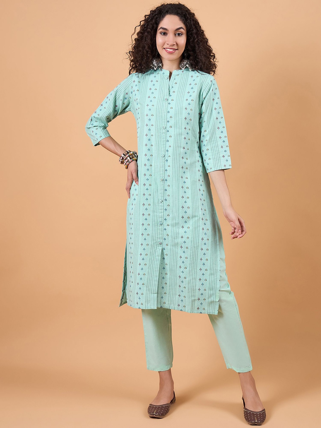 

swatika Woven Design Mandarin Collar Regular Pure Cotton Straight Kurta with Trousers, Blue