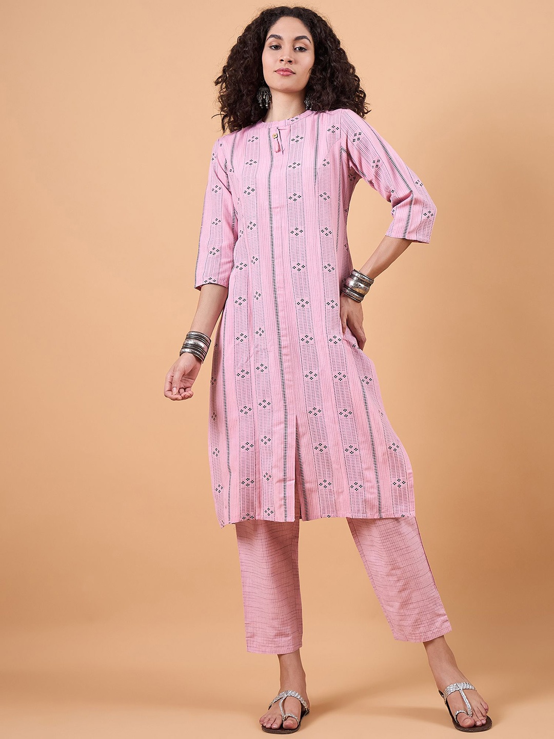 

swatika Floral Woven Design Dobby Pure Cotton Straight Kurta With Trouser, Pink