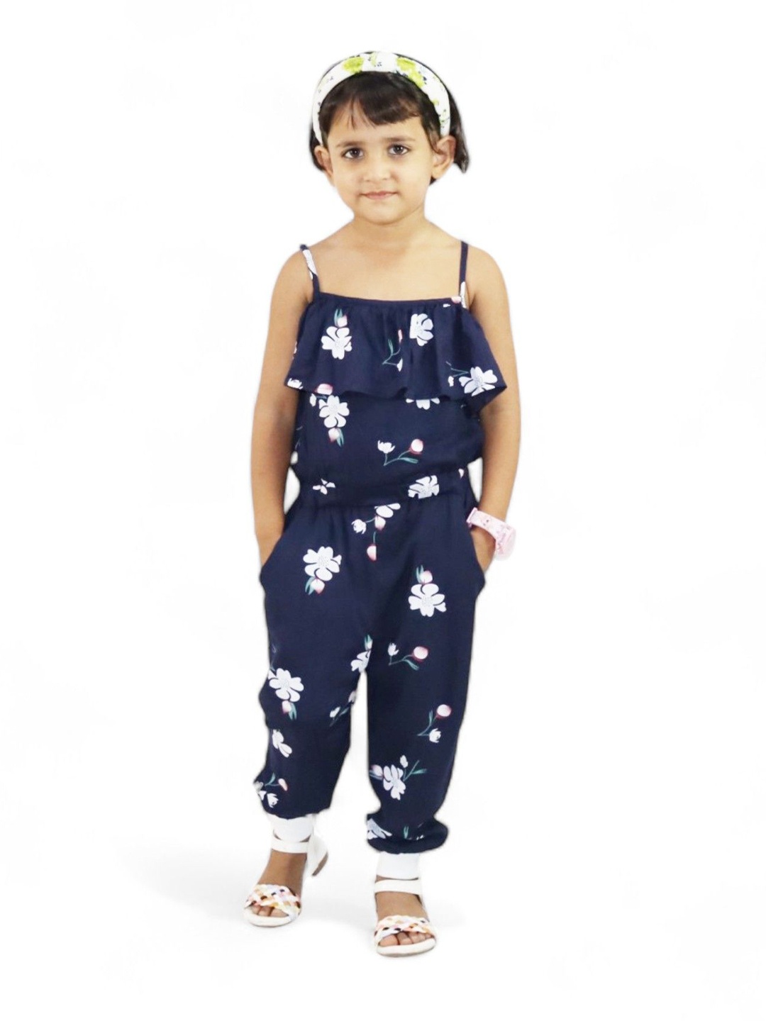 

Kids Cave Girls Strapless Printed Basic Jumpsuit with Ruffles, Navy blue