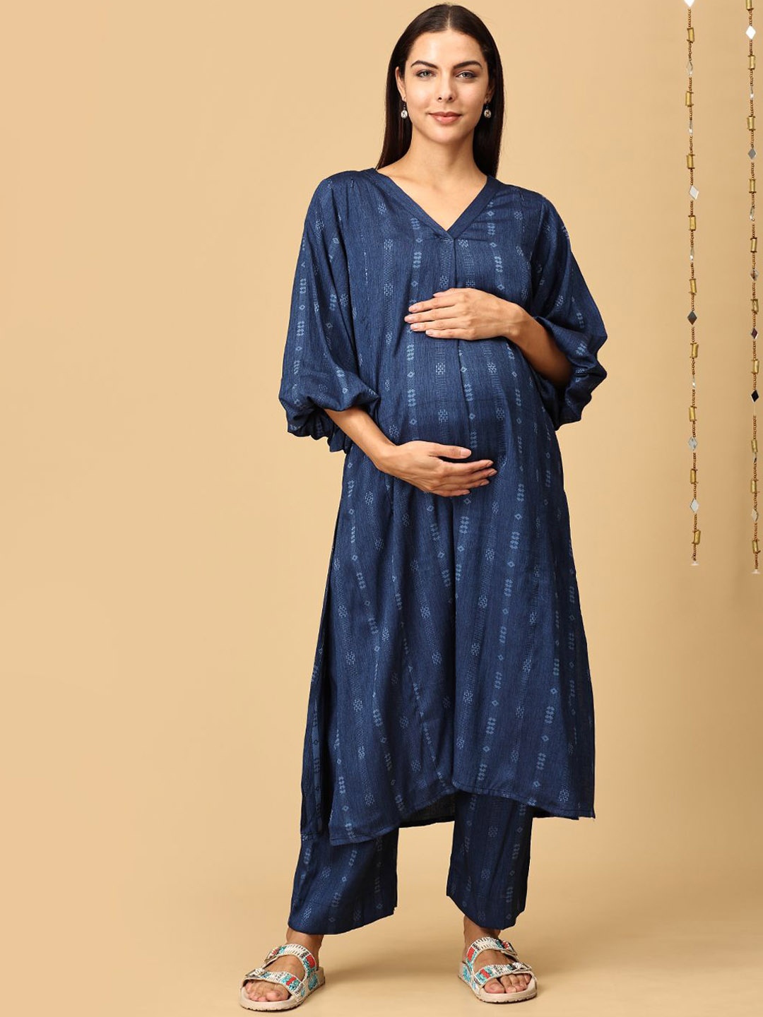 

The Mom Store Printed V-Neck Top With Trousers Maternity & Nursing Co-Ords, Navy blue