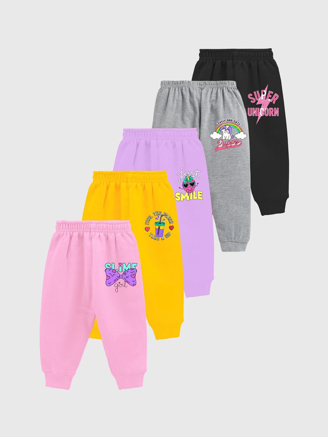 

KUCHIPOO Girls Pack Of 5 Printed Joggers, Purple