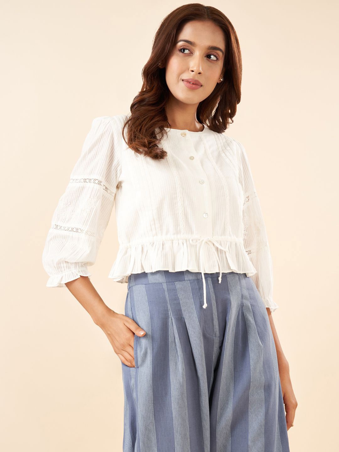 

AKKRITI BY PANTALOONS Women Solid Round Neck Cotton Top, Off white