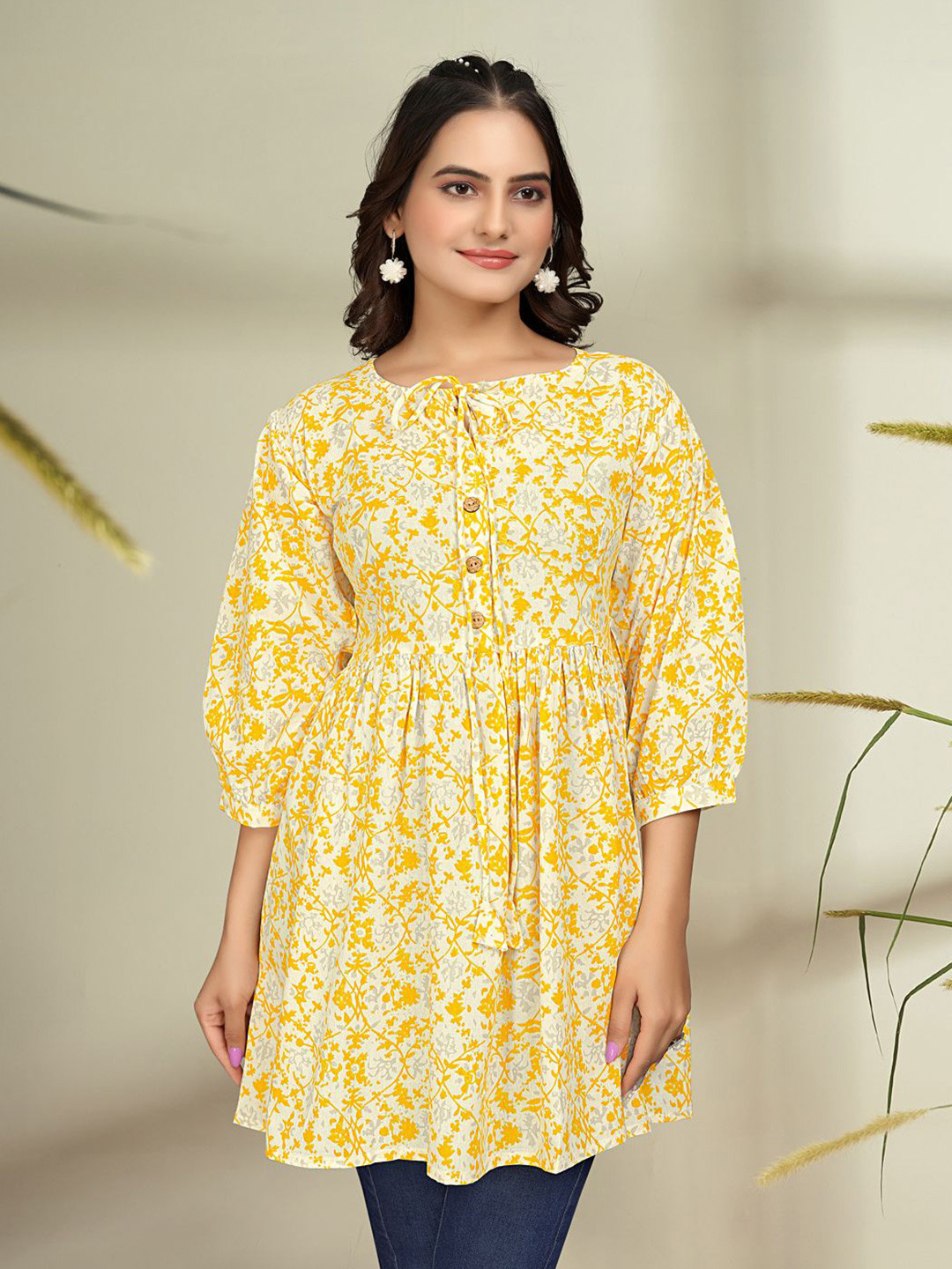 

BAESD Women Cotton Ethnic Motifs Printed Tie-Up Neck Empire Longline Top, Orange