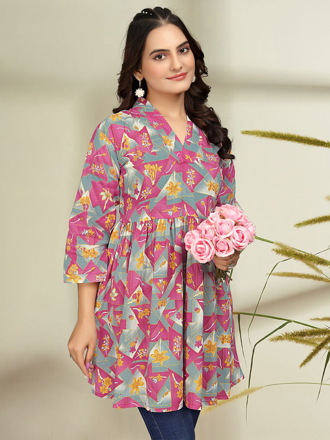 

BAESD Women Cotton Floral Printed Longline A-Line Top, Pink