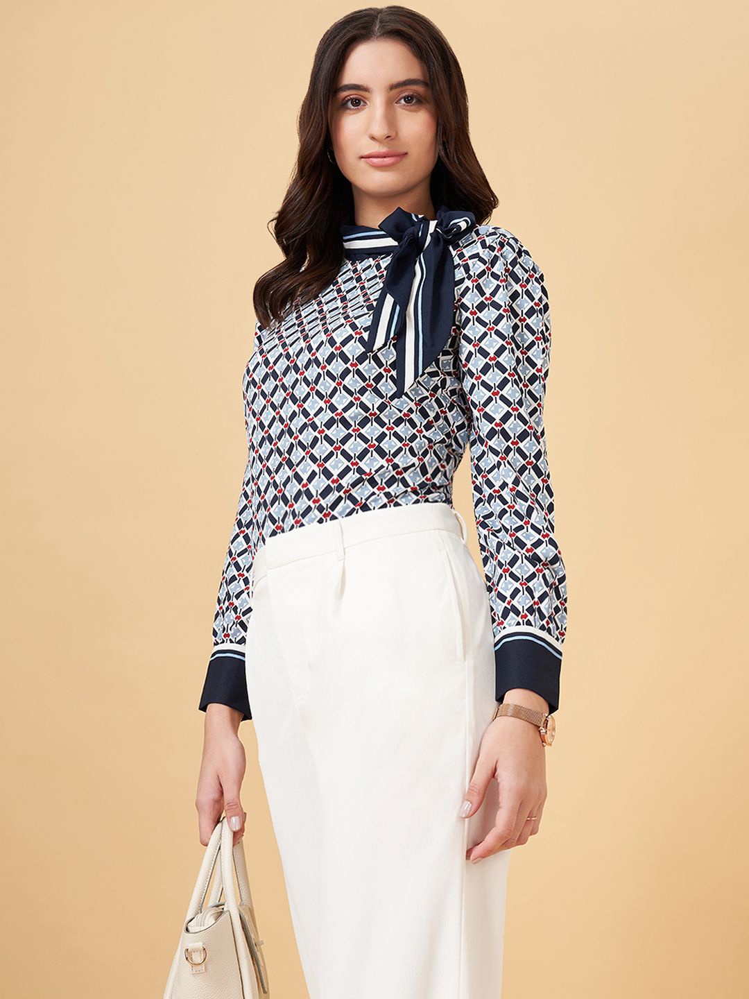 

Annabelle by Pantaloons Geometric Printed Tie-Up Neck Top, Steel