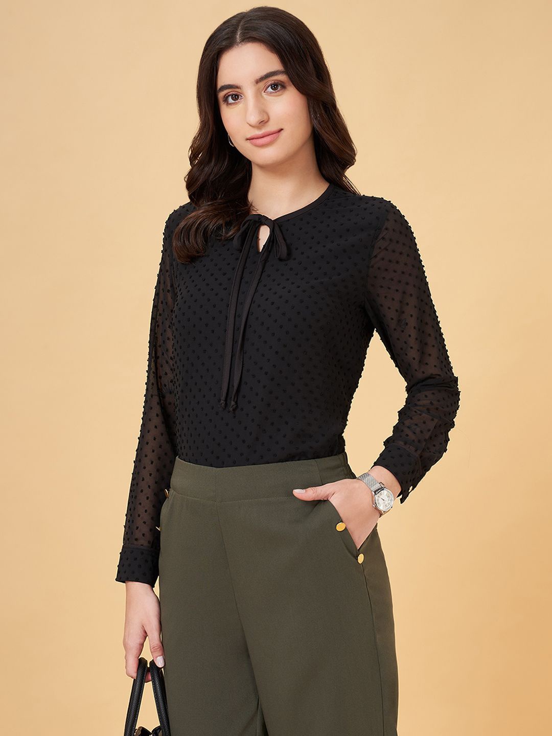 

Annabelle by Pantaloons Women Self Design Tie-Up Neck Formal Top, Black