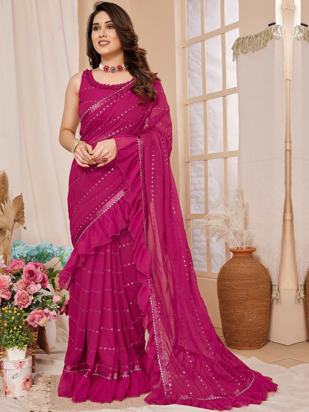 

Panzora Striped Embroidered Mirror Work Ruffles Saree, Pink