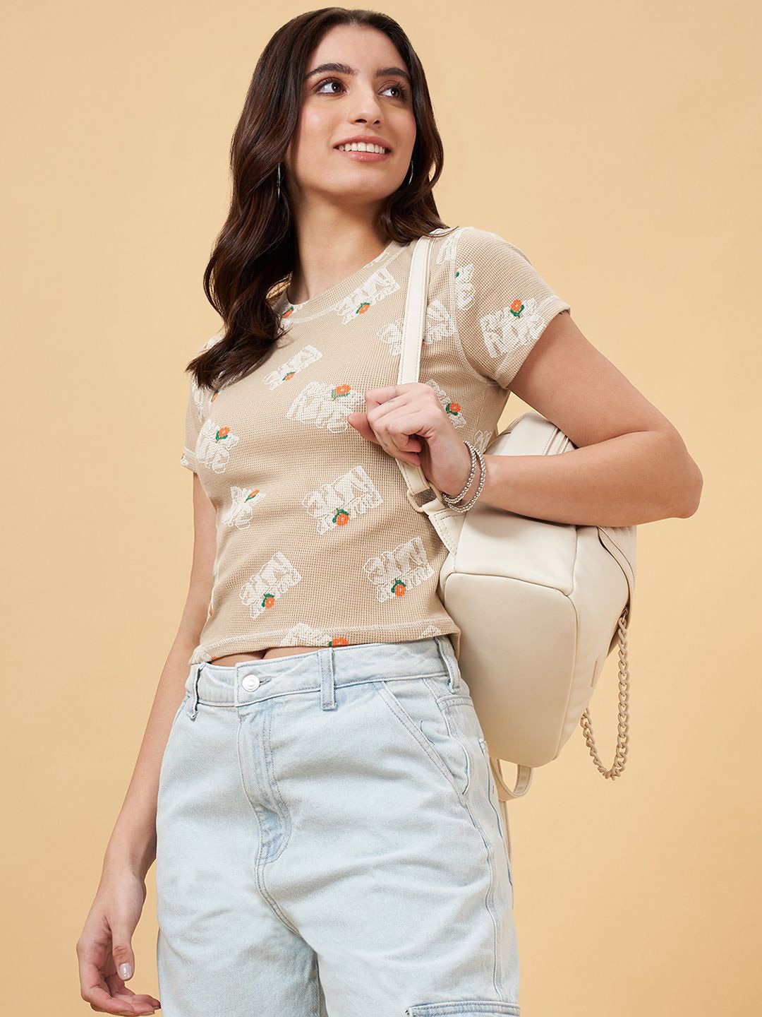 

People Women Conversational Printed Crop Top, Khaki