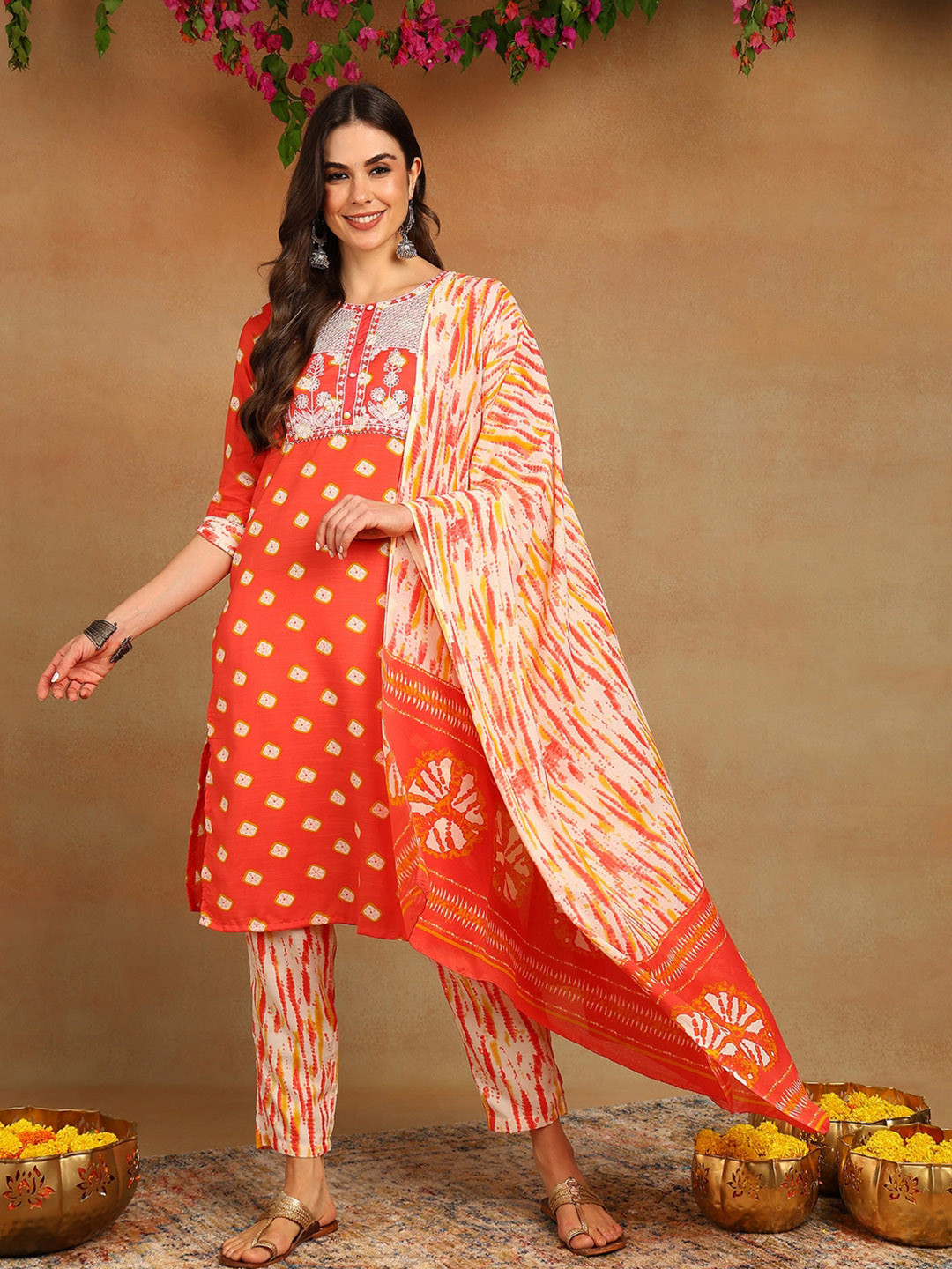 

KALINI Bandhani Printed Thread Work Straight Kurta with Trousers & Dupatta, Orange