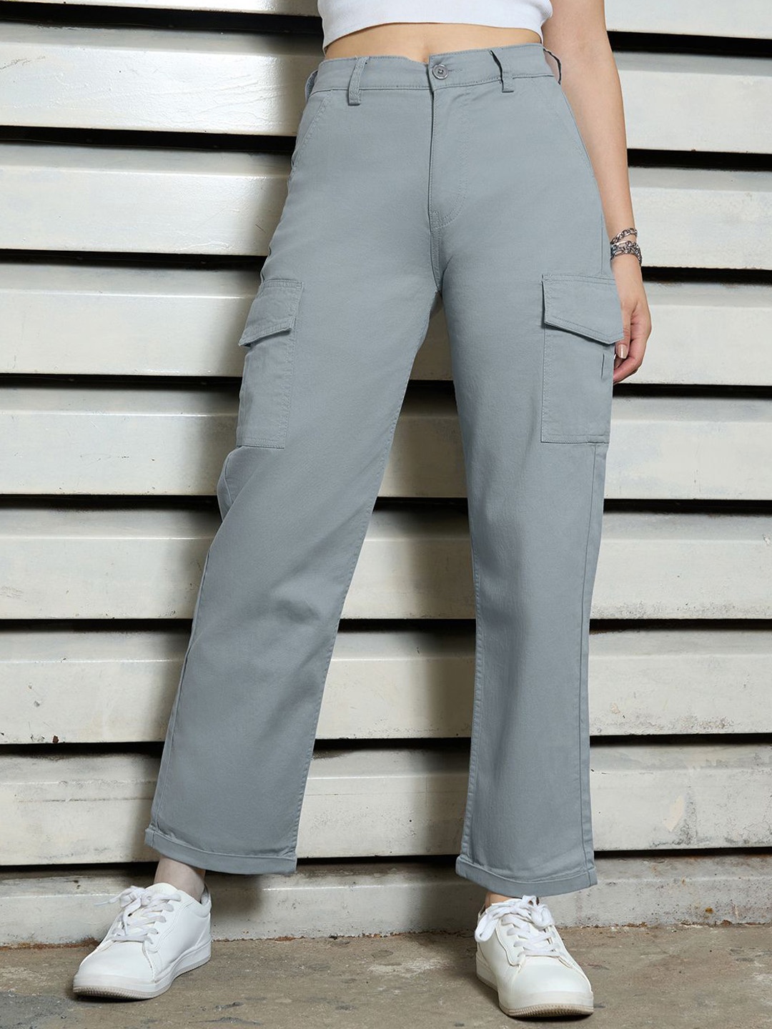 

High Star Women Mom Fit High-Rise cargo Trousers, Grey
