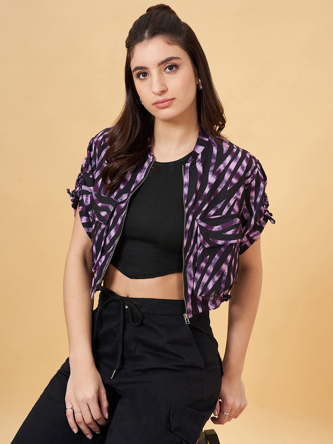 

SF JEANS by Pantaloons Women Abstract Printed Extented Sleeves Crop Top, Purple