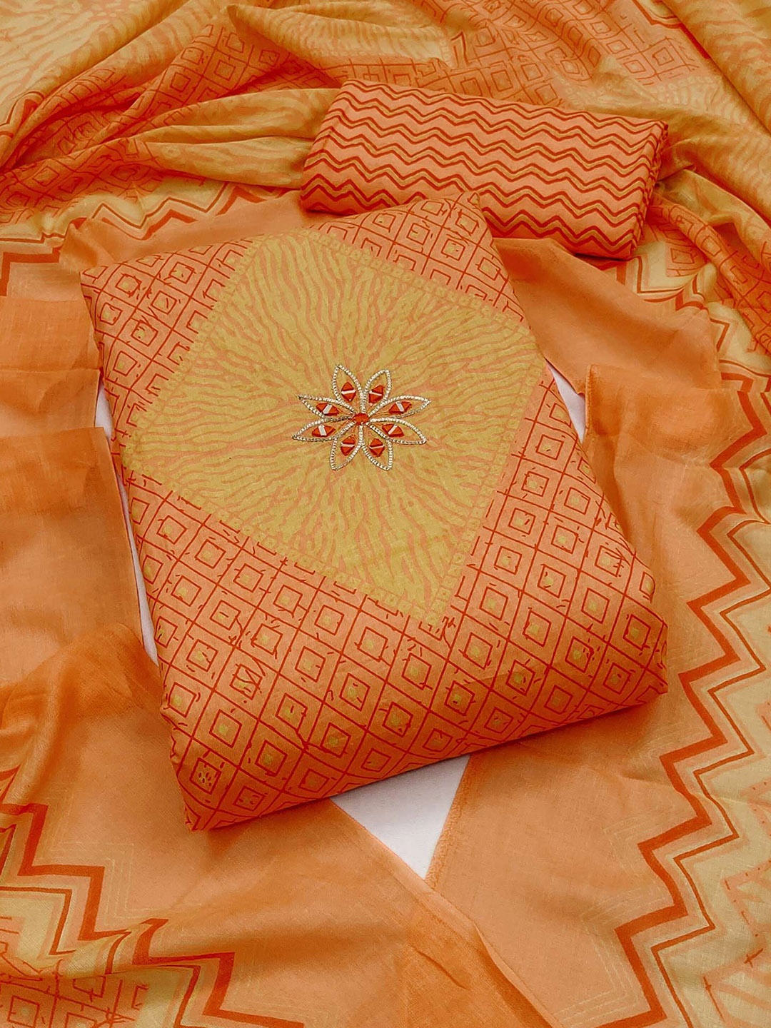 

Peachmode Geometric Printed Pure Cotton Unstitched Dress Material, Orange