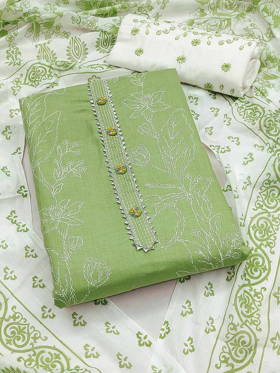 

Peachmode Floral Printed Pure Cotton Unstitched Dress Material, Green