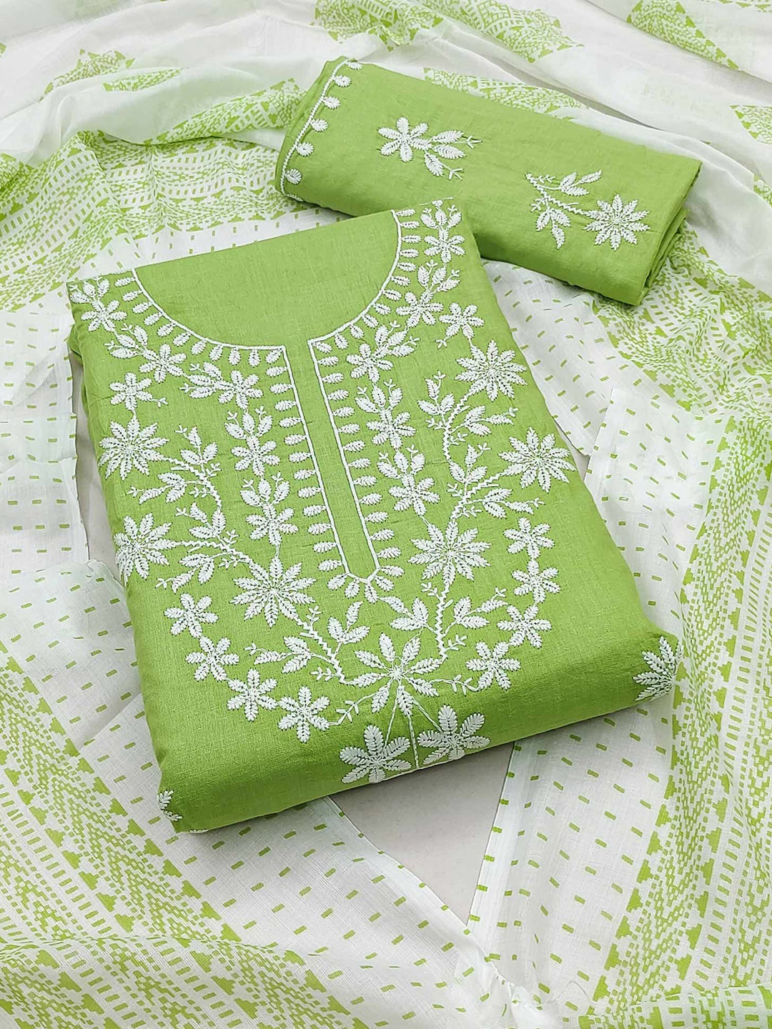 

Peachmode Floral Embroidered Pure Cotton Unstitched Dress Material, Green