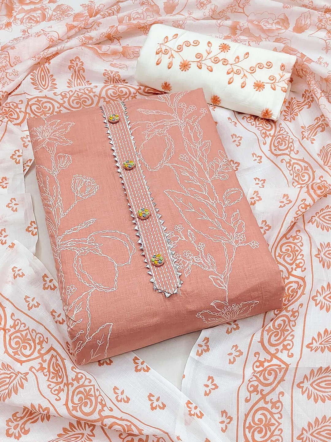 

Peachmode Floral Printed Pure Cotton Unstitched Dress Material, Peach
