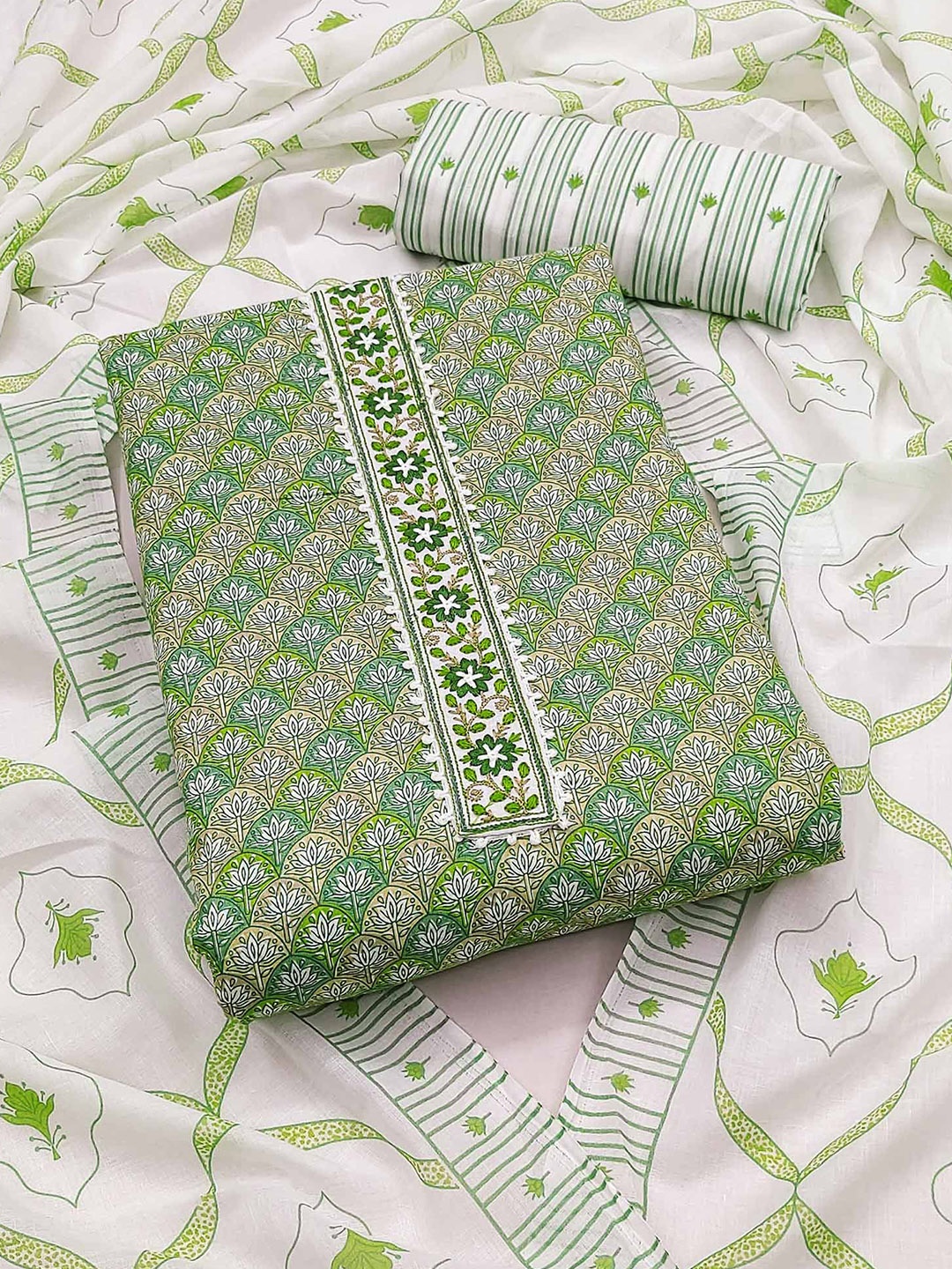

Peachmode Floral Printed Gotta Patti Pure Cotton Unstitched Dress Material, Green