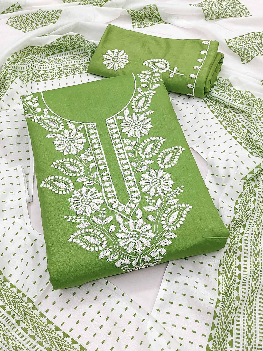 

Peachmode Floral Embroidered Pure Cotton Unstitched Dress Material, Green