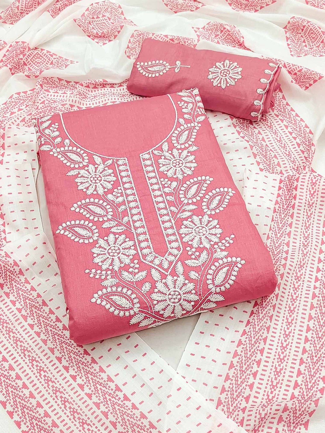 

Peachmode Floral Embroidered Pure Cotton Unstitched Dress Material, Pink