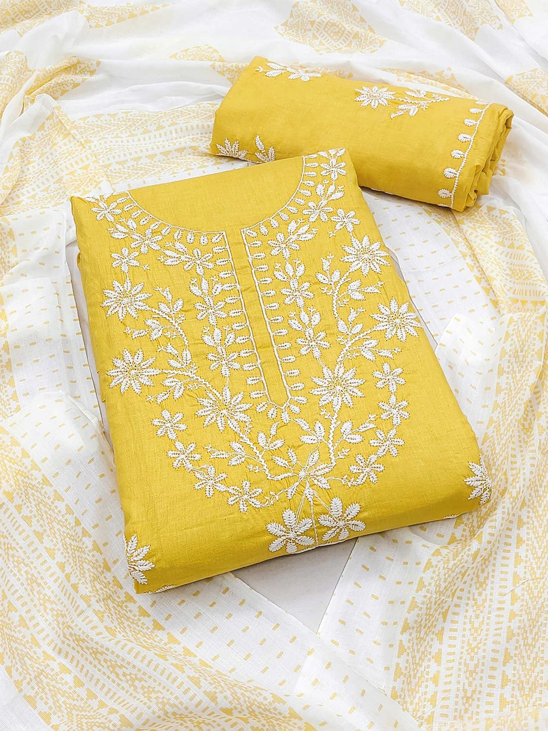

Peachmode Floral Embroidered Pure Cotton Unstitched Dress Material, Yellow