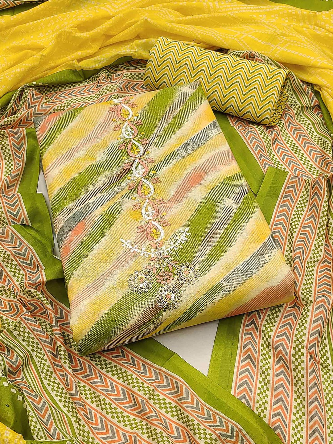 

Peachmode Abstract Printed Sequinned Pure Cotton Unstitched Dress Material, Yellow