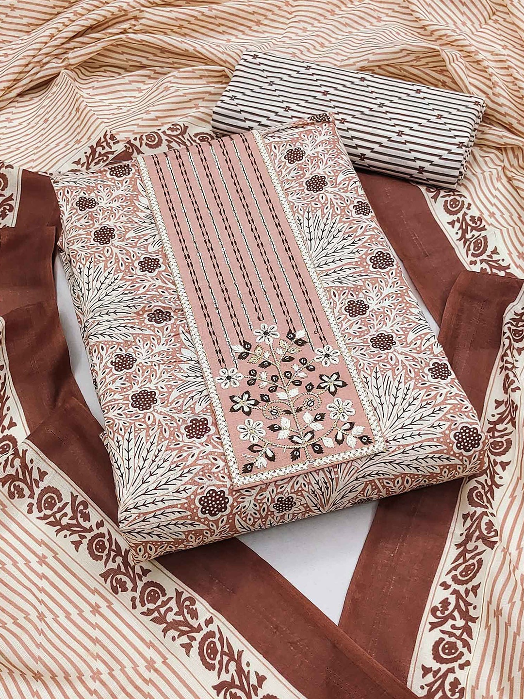 

Peachmode Floral Printed Sequinned Pure Cotton Unstitched Dress Material, Brown