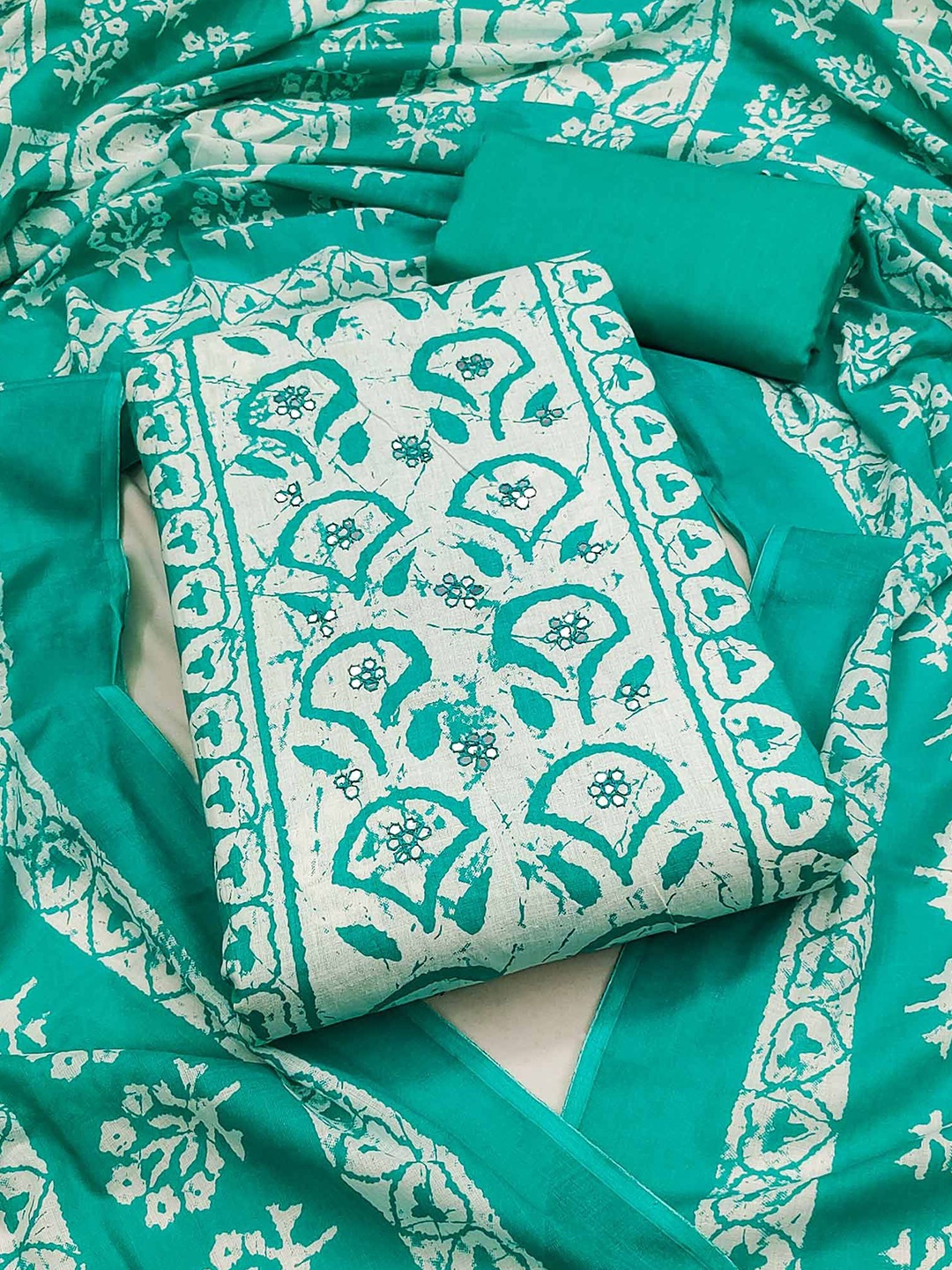 

Peachmode Floral Printed Mirror Work Pure Cotton Unstitched Dress Material, Turquoise blue
